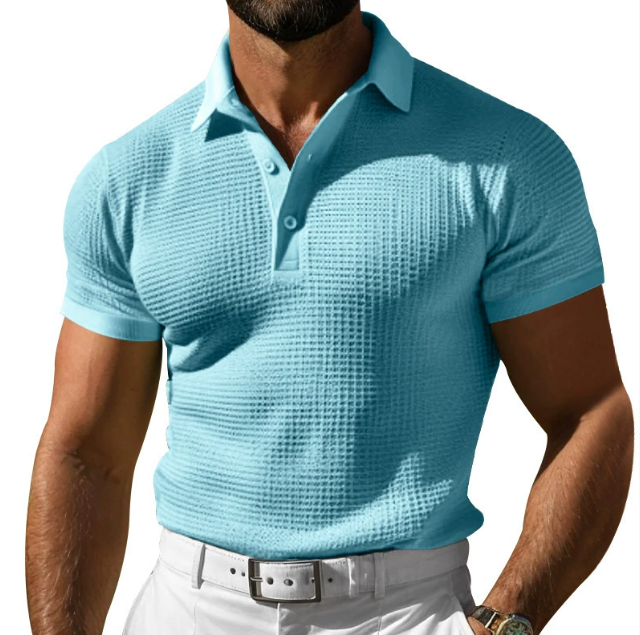 Man wearing a blue textured regular fit short sleeve polo shirt