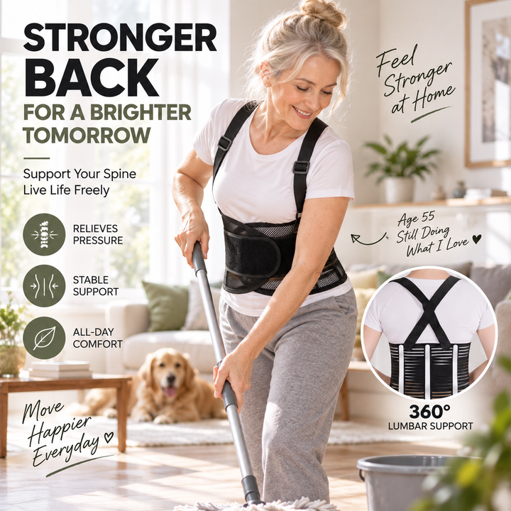 Mature woman smiling while wearing a breathable lumbar support belt at home