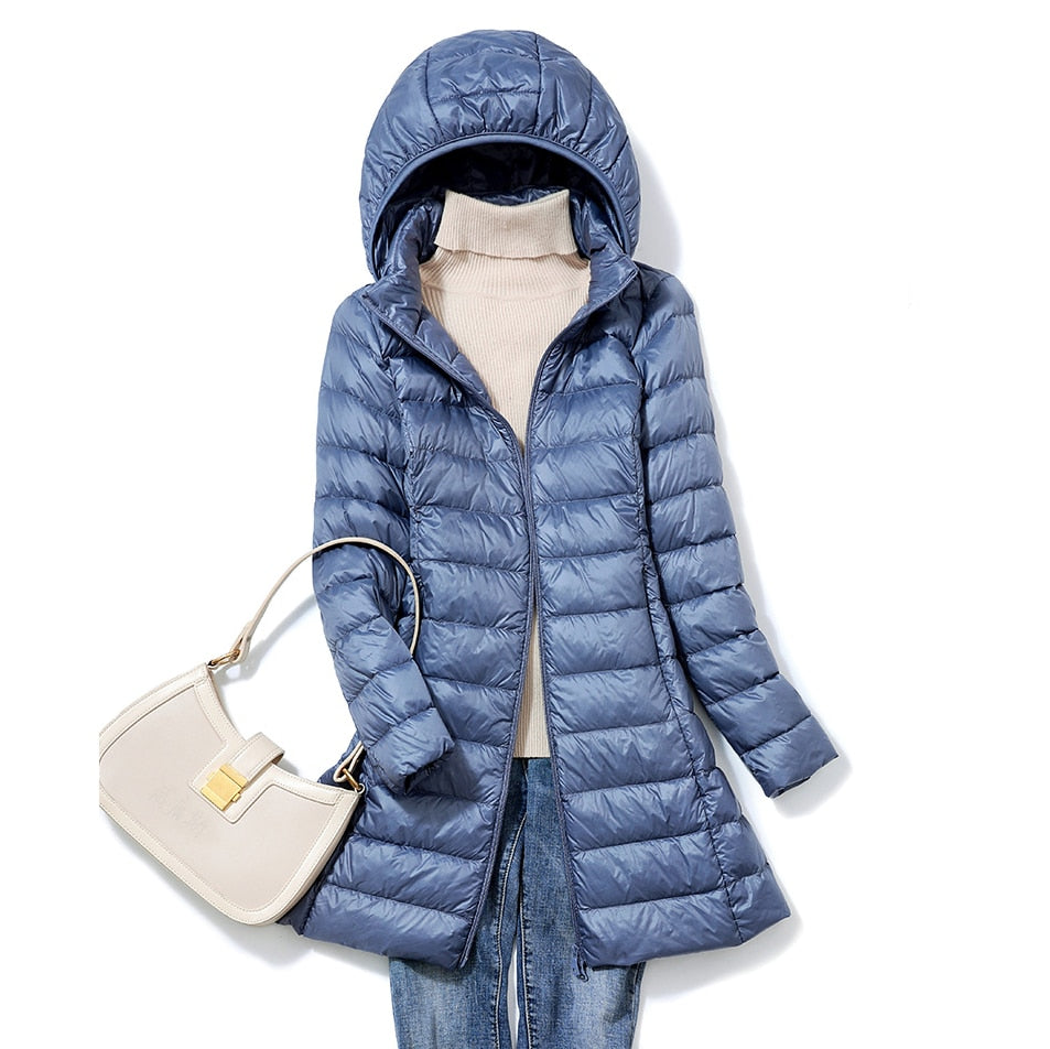 Blue lightweight casual women's winter jacket with hood
