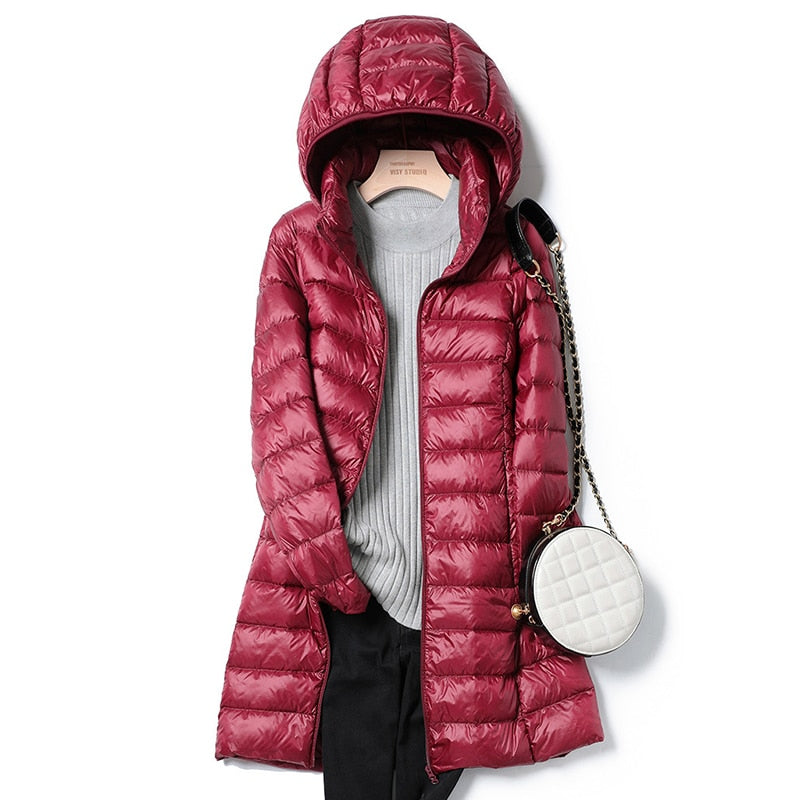 Close-up view of the Nova lightweight winter coat showing durable fabric and quilted texture.