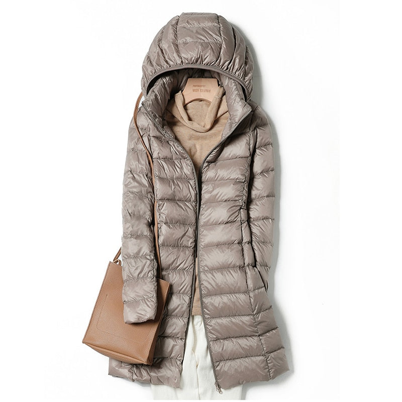 Khaki lightweight casual women's winter jacket displayed on hanger