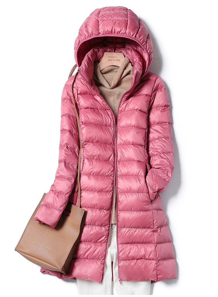Pink lightweight casual women's winter jacket displayed on hanger