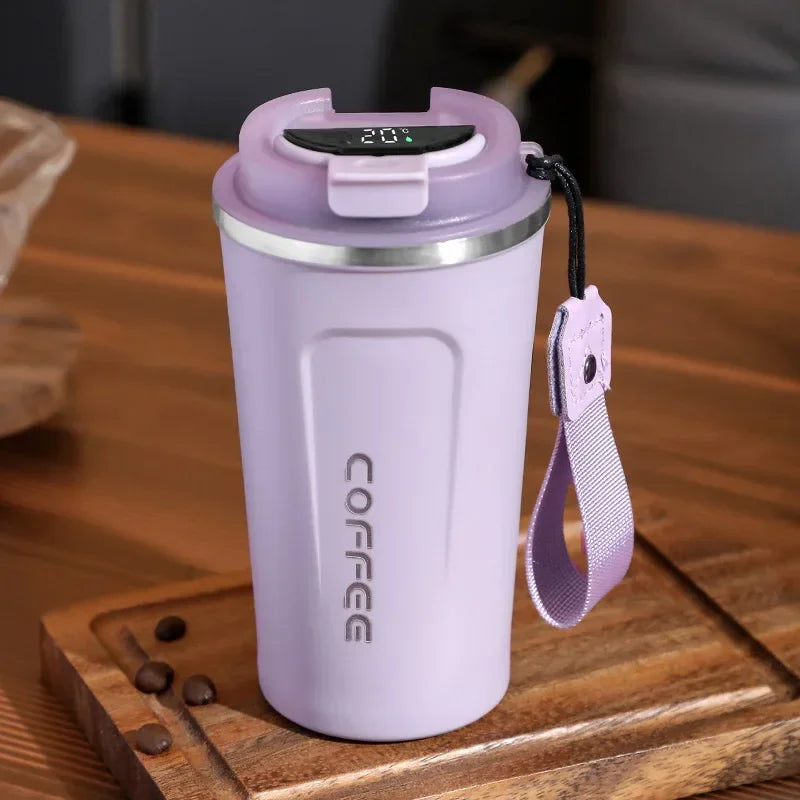 Ergonomic stainless steel insulated bottle with temperature indicator