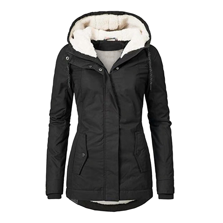 Black women's lined hooded winter jacket with plush interior and button pockets