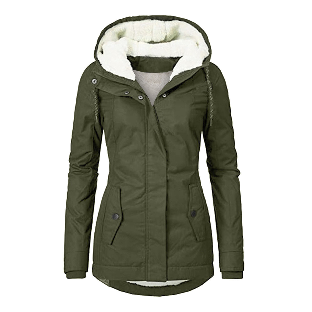 Army green women's lined hooded winter jacket with adjustable drawstring hood