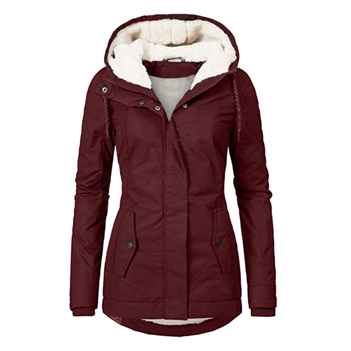 Burgundy women's lined hooded winter jacket featuring a curved hem design