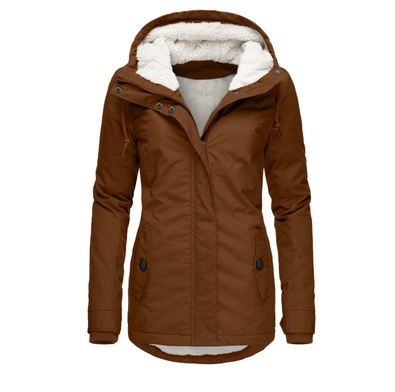 Women's warm winter coat with cozy hood and zip front, cold weather outerwear