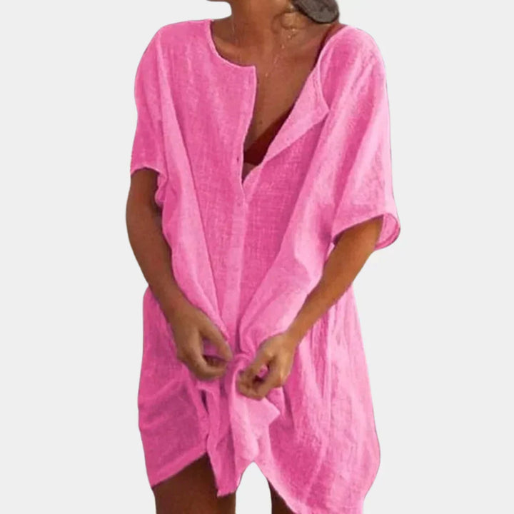 Womens casual linen blend beach tunic in vacation style, summer cover up