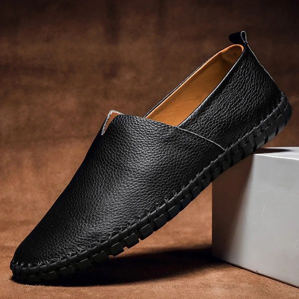 Comfortable men's casual slip-on loafers in navy blue and caramel