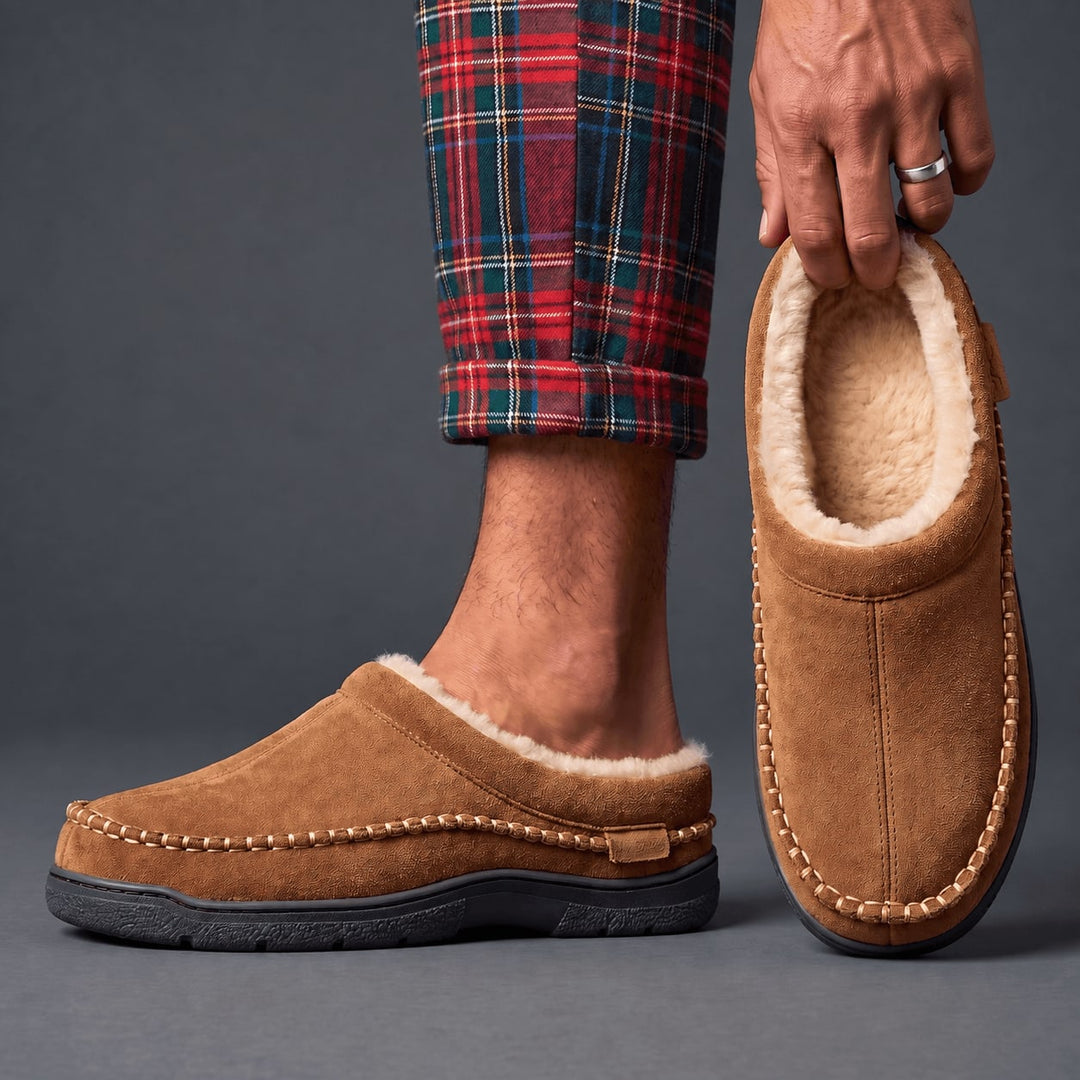Model wearing brown slip-on lodge slippers with decorative stitching