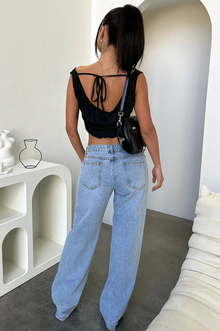 Y2K fashion casual blue trousers in light wash denim, full length