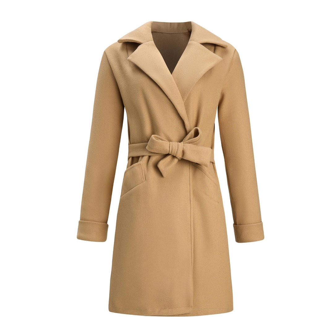 Side profile of women's long winter coat showcasing elegant drape and length