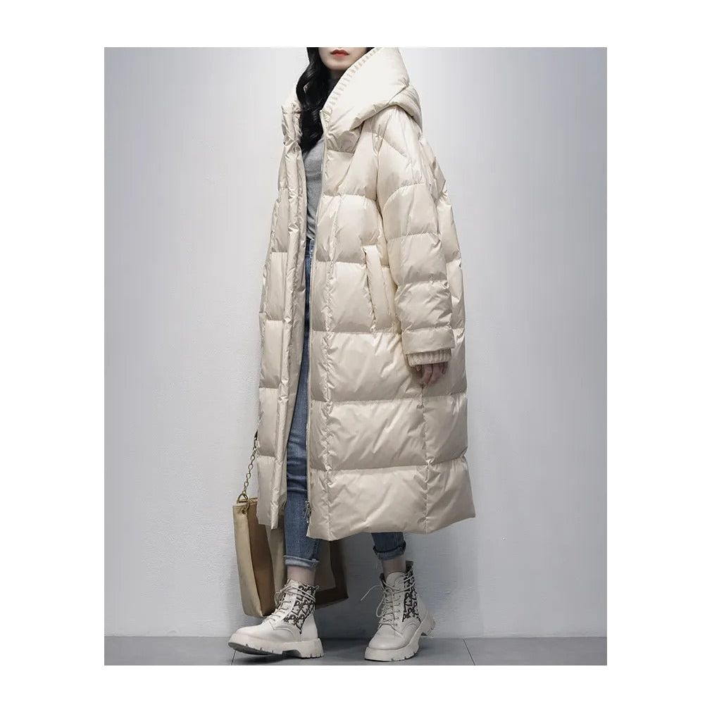 Long padded women's winter coat in quilted design for cold weather