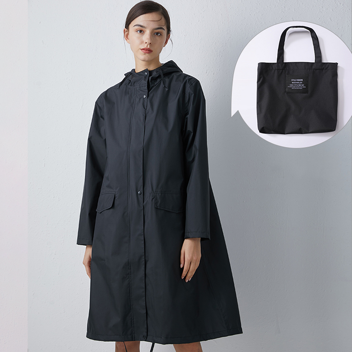 Side profile of womens travel gear hooded raincoat with adjustable waist drawstring