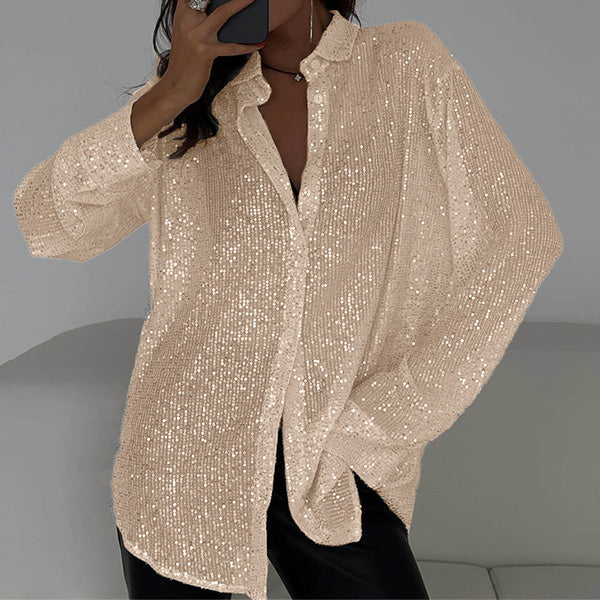Festive evening wear top with sparkling sequins and relaxed fit