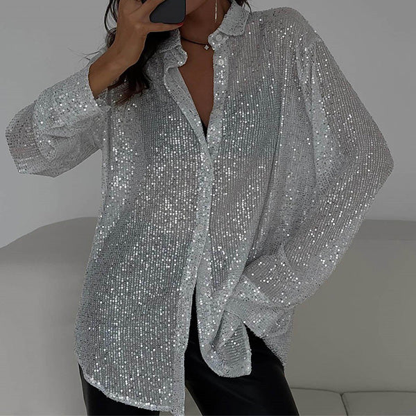 Women's loose sequin party blouse in glamorous shimmer fabric