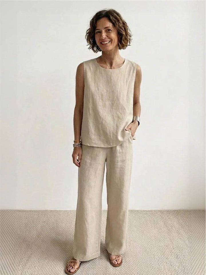 Solid color sleeveless top paired with comfortable wide leg pants for women
