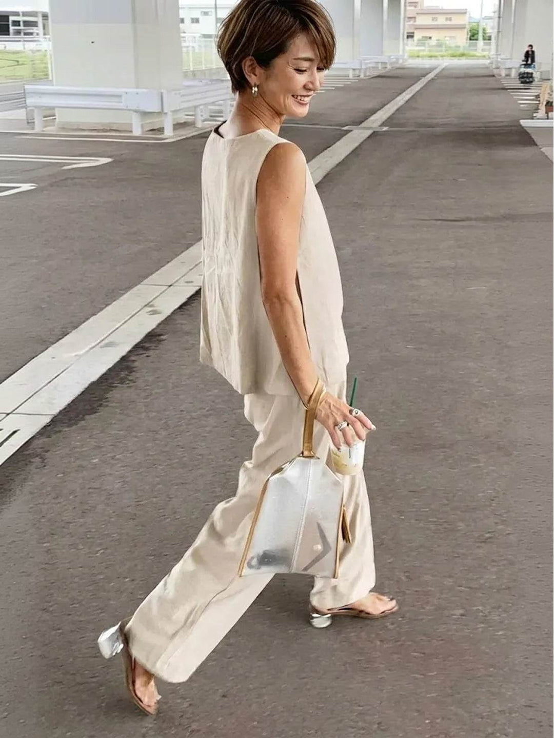 Relaxed fit women's casual wear featuring a sleeveless top and wide-leg pants