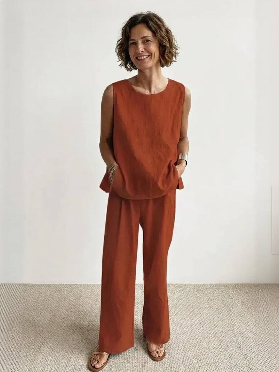 Trendy women's matching set showcasing a sleeveless top and wide-leg pants