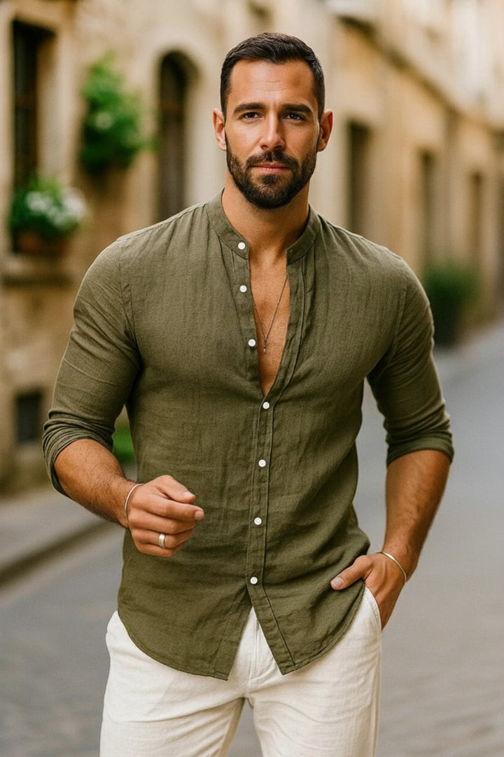 Close up of band collar and button placket on mens casual long sleeve shirt