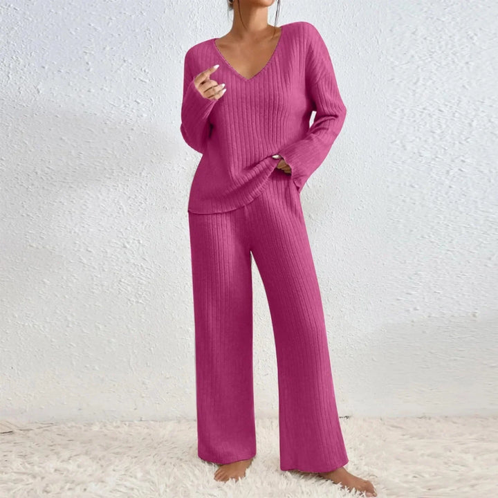 Detailed close-up of ribbed texture on women's chic V-neck loungewear set