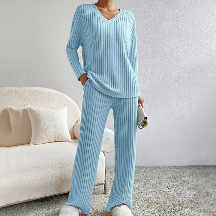 Model wearing cozy ribbed V-neck top from the women's loungewear set