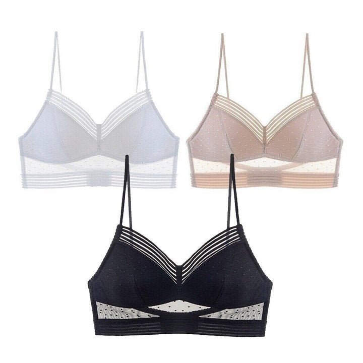 Three wireless lace bras in white, beige, and black displayed side by side