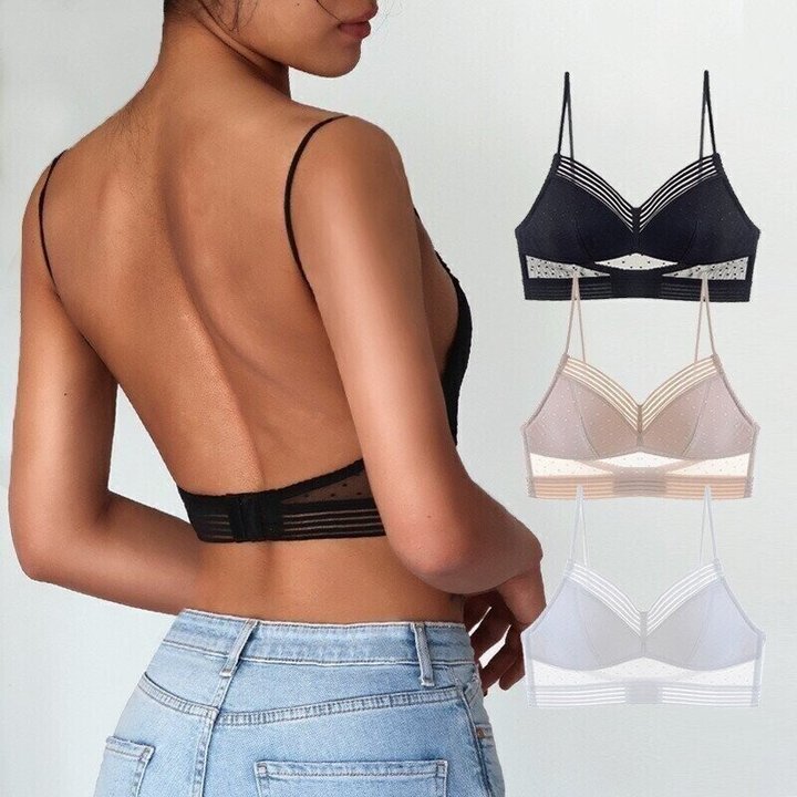 Woman wearing black low back wireless lace bra with jeans and three color options displayed on the right