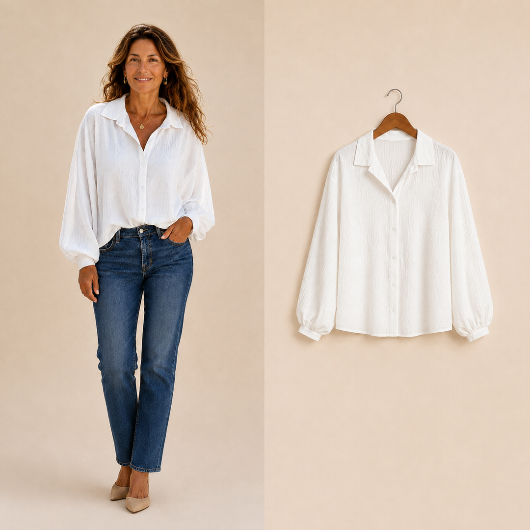 A woman wearing a white button down blouse next to the same shirt displayed on a wooden hanger.