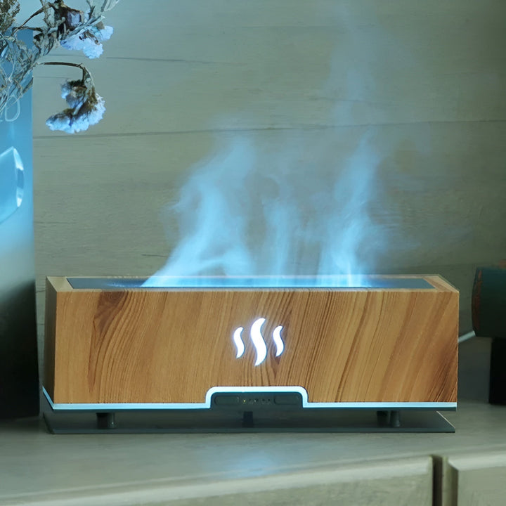 Ambient lighting mode glowing softly on the home decor humidifier in a dark room