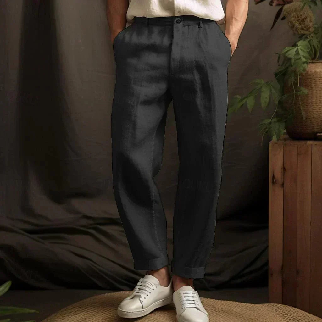 Mens relaxed fit linen drawstring trousers in casual summer style