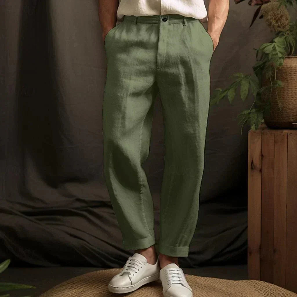 Comfortable mens breathable casual linen pants with adjustable waist