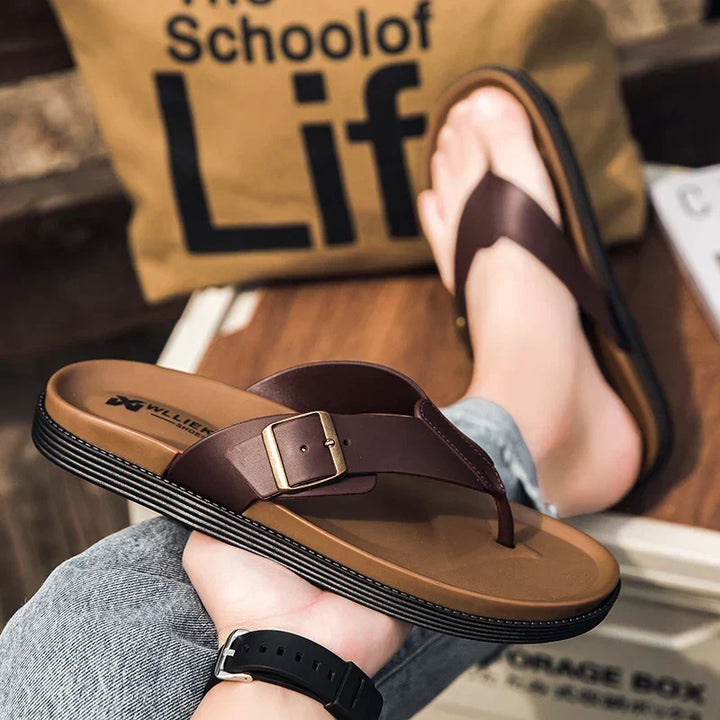 Trendy mens fashion beach slides and thong sandals in neutral color