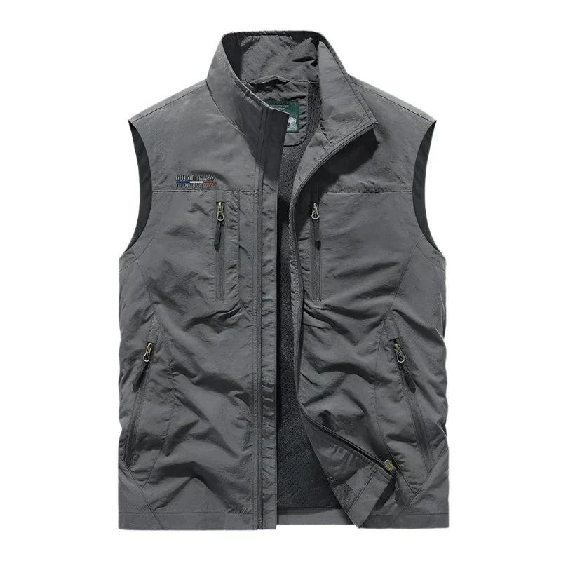 Men's gray full zip outdoor vest showcasing the sleeveless hiking design