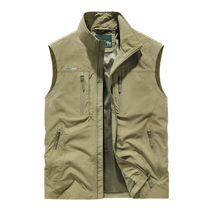 Men's khaki full zip outdoor vest with multiple pockets and stand collar
