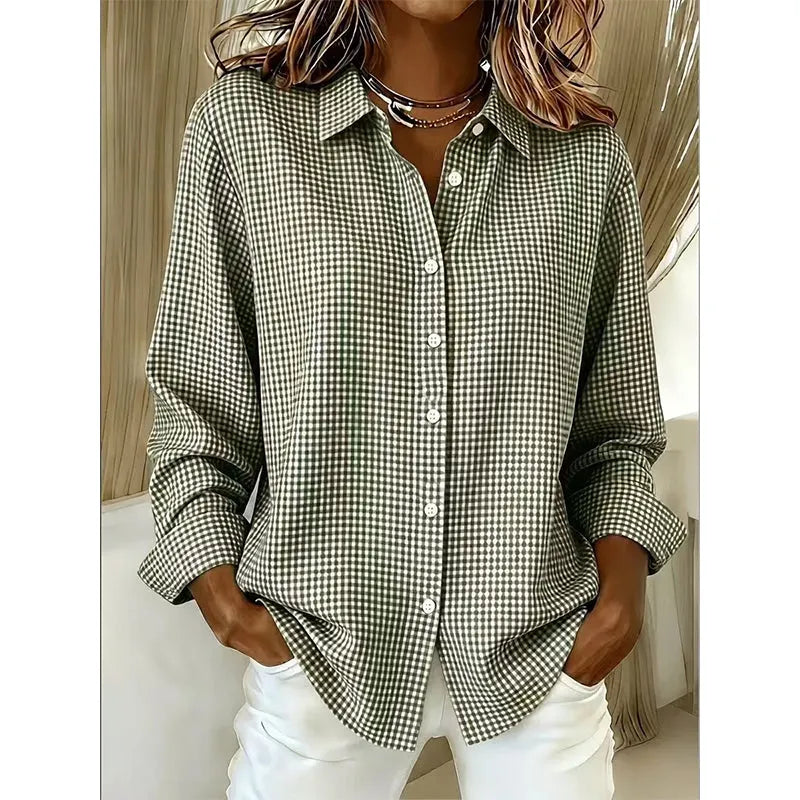 Woman wearing a matcha green gingham button-up shirt