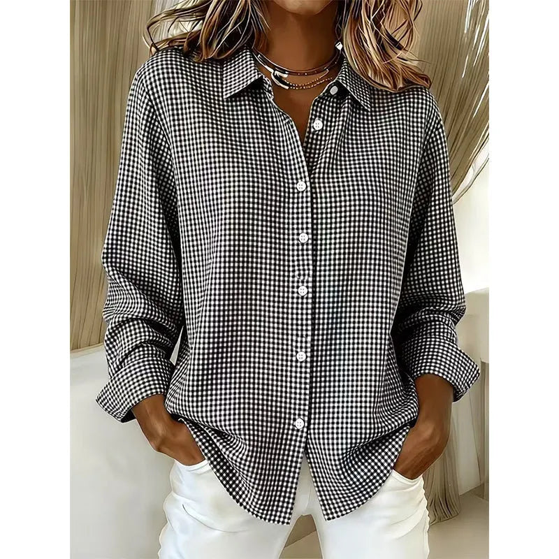 Back view of women's oversized gingham button-up shirt in casual checked style