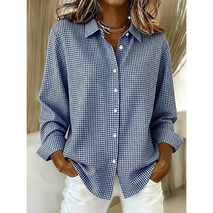 Collar and button placket detail on a women's casual gingham shirt blouse