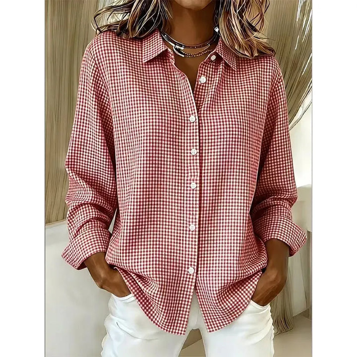 Side profile view of the relaxed fit oversized button-up shirt for women