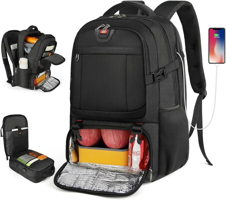 Unisex black travel laptop backpack showcasing the open insulated lunch compartment and side USB charging port.