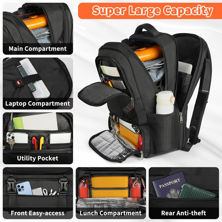 Detailed overview of the backpack compartments including laptop storage, utility pockets, and anti-theft back pocket.