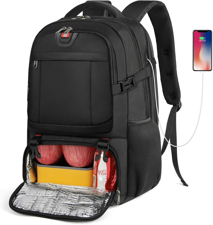 Travel backpack interior showcasing spacious compartments and dedicated laptop sleeve.