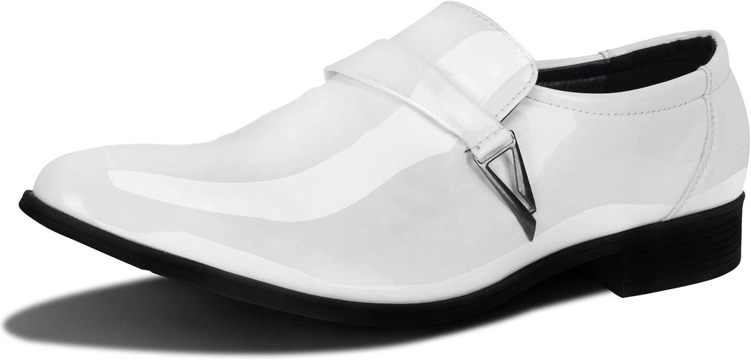 White men's dress shoe with polished finish and decorative side hardware