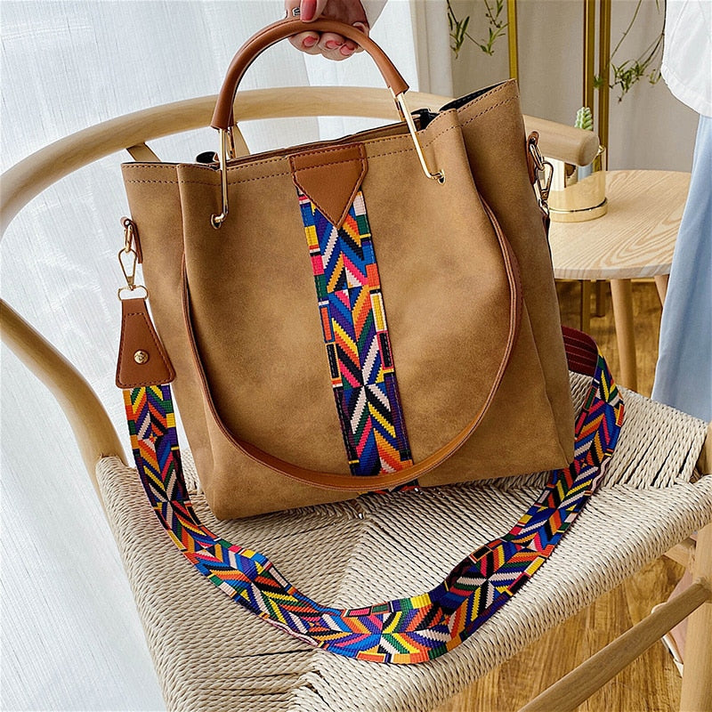 Brown women's everyday carry tote bag with colorful strap