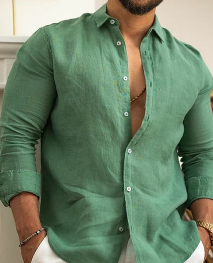 Man wearing a green long-sleeve shirt