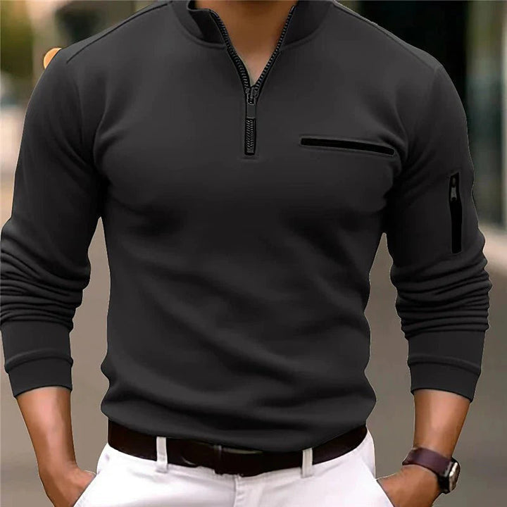 Side profile of men's regular fit quarter-zip pullover sweater in casual wear style