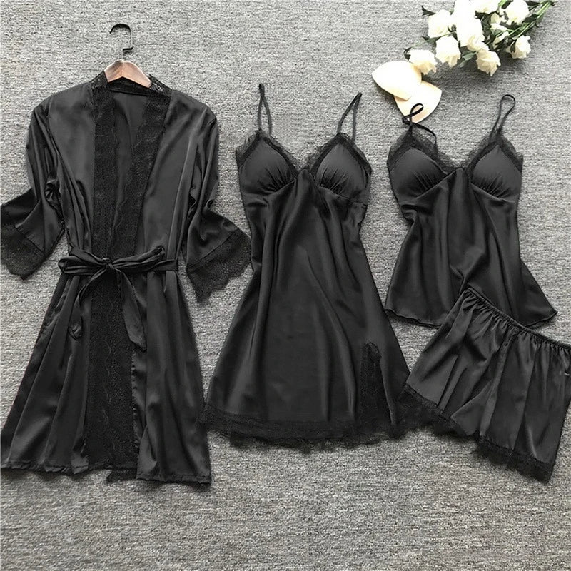 Elegant womens sleepwear satin pyjamas featuring lace details, full view