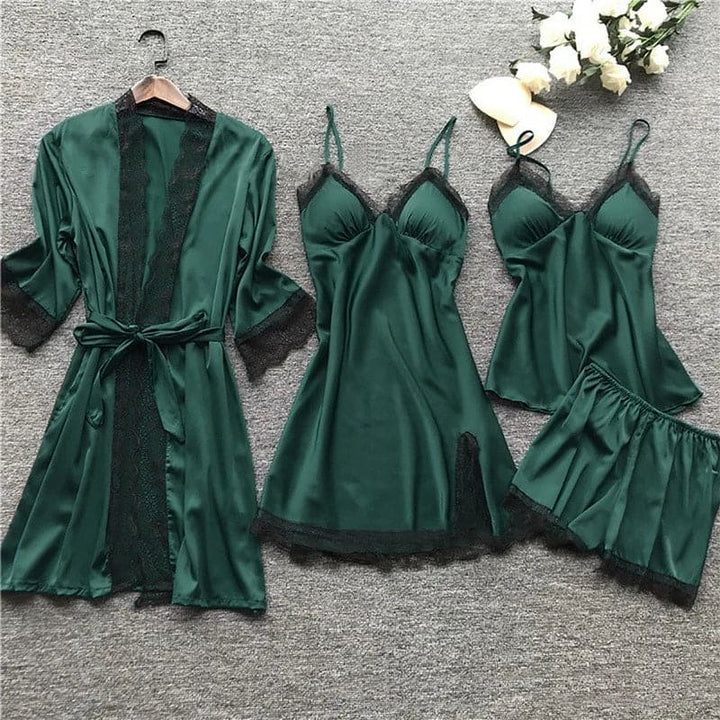 Women's luxe satin pyjama set with delicate lace trim in classic style