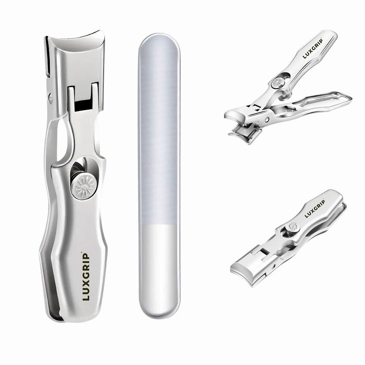 Silver nail clipper and nano glass nail file shown from multiple angles