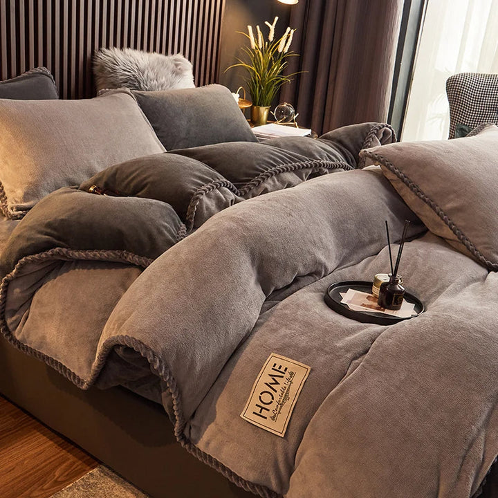 Plush gray velvet fleece duvet cover set styled in a modern bedroom